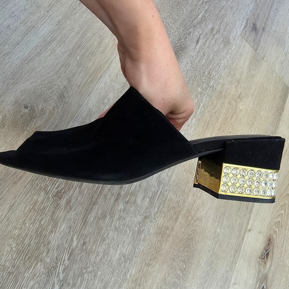 Jeffrey Campbell Teseida Black Suede Leather Block Heel Mule sz 9 Rhinestone Gem - Picture 6 of 9